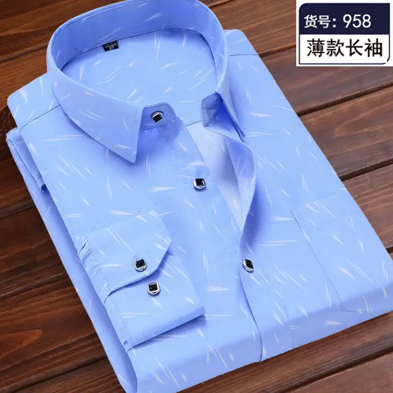 2024 Summer Men Long Sleeve Business Shirt Solid Color Printed Front Patch Chest Pocket Regular-fit Work Shirt Casual Shirt