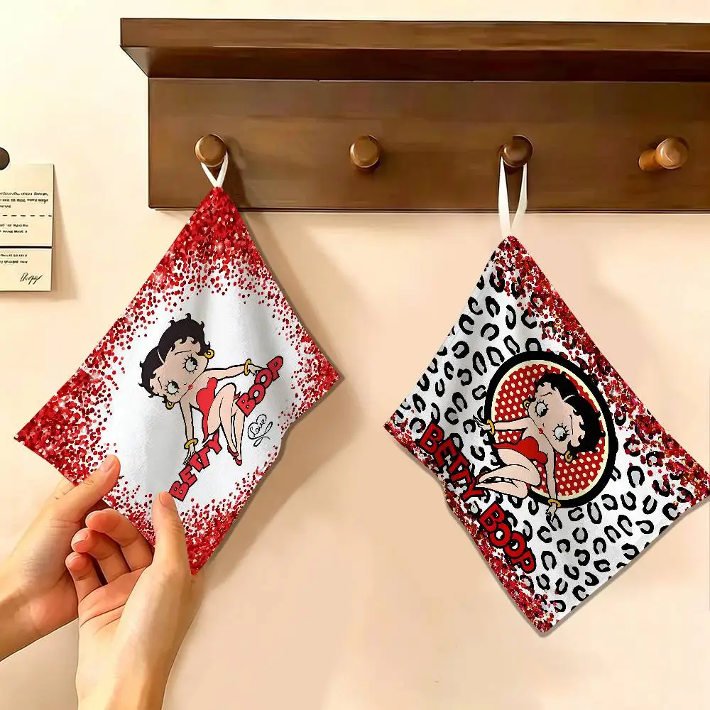 Cartoon B-Betty B-BoopES Polyester Cotton Hanging Kitchen Towel, Skin Friendly Hand Wiping Towel for Hotel Cafe Household