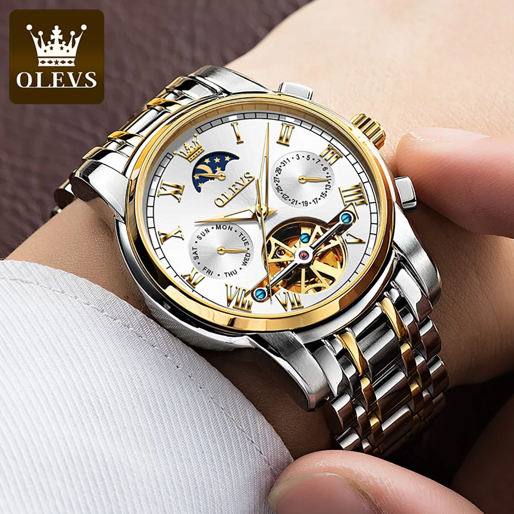 Reloj OLEVS para hombre, Reloj mecánico automático Stianless, marca superior, Reloj de pulsera de lujo con fase lunar y esqueleto, Reloj para hombres