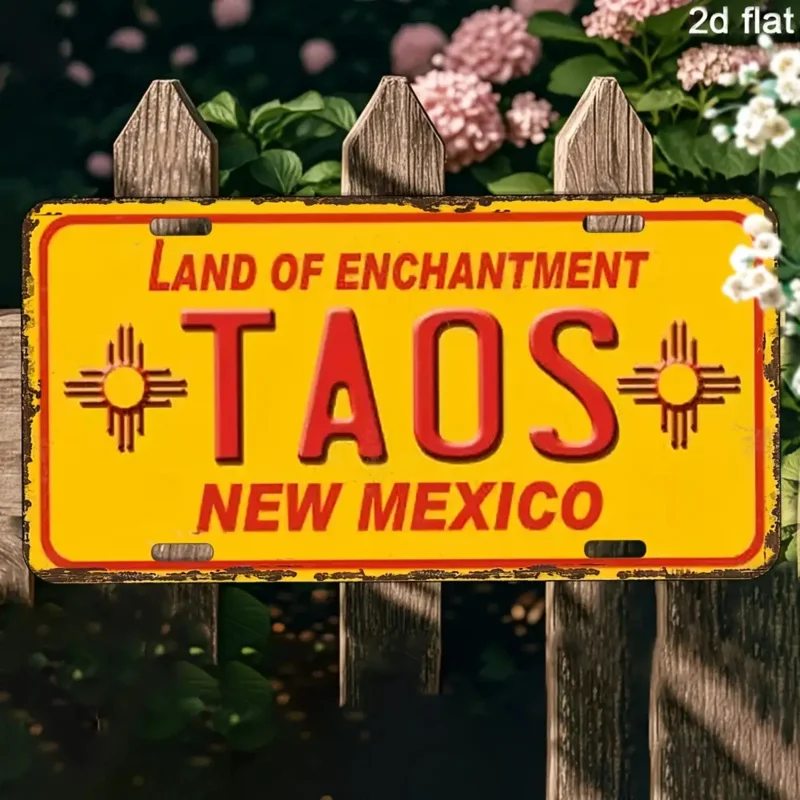 لافتة معدنية مسطحة ثنائية الأبعاد، قطعة واحدة من "Land of Enchantment Taos New Mexico" - ديكور حائط من الألومنيوم مقاس 6 × 12 بوصة مع فتحات محفورة مسبقًا #1