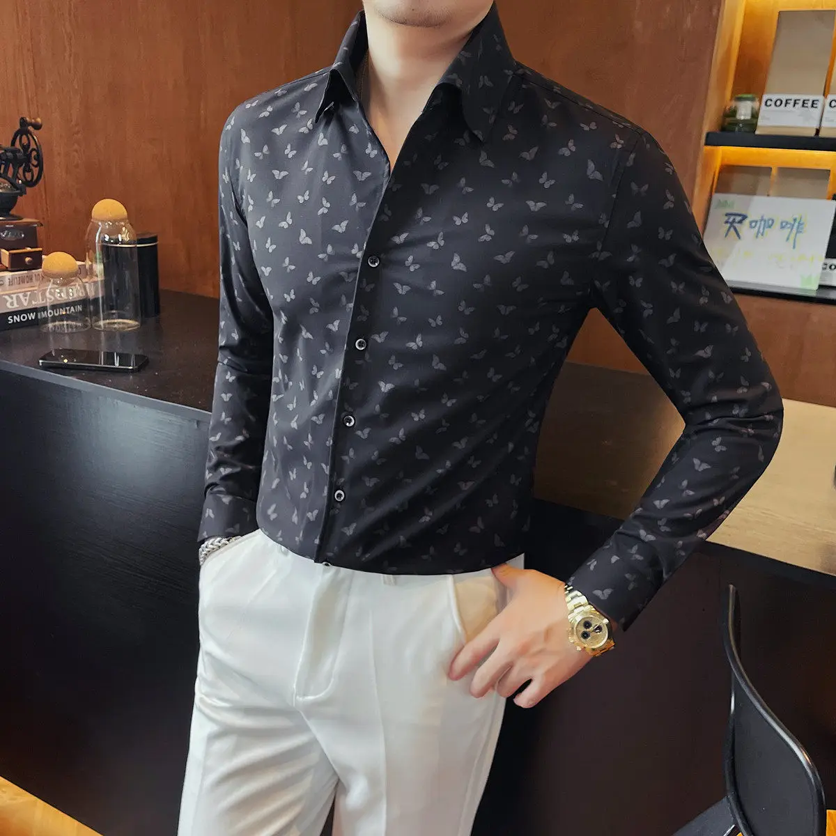 Butterfly Print Men's Long-sleeved Shirt Slim Fit Casual Business Shirt Versatile Comfortable Social Office Shirts Men Clothing