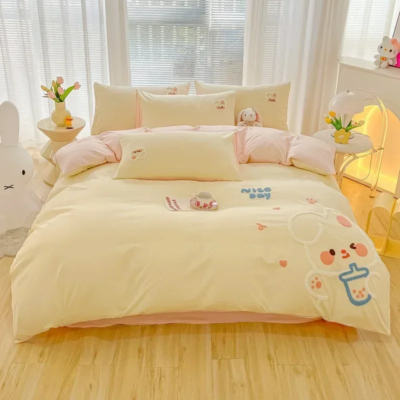 Cotton Cute Cartoon Duck Rabbit Bear Applique Child Bedding Set Twin Single Queen Size Duvet Cover Set Bed Sheet Pillowcase