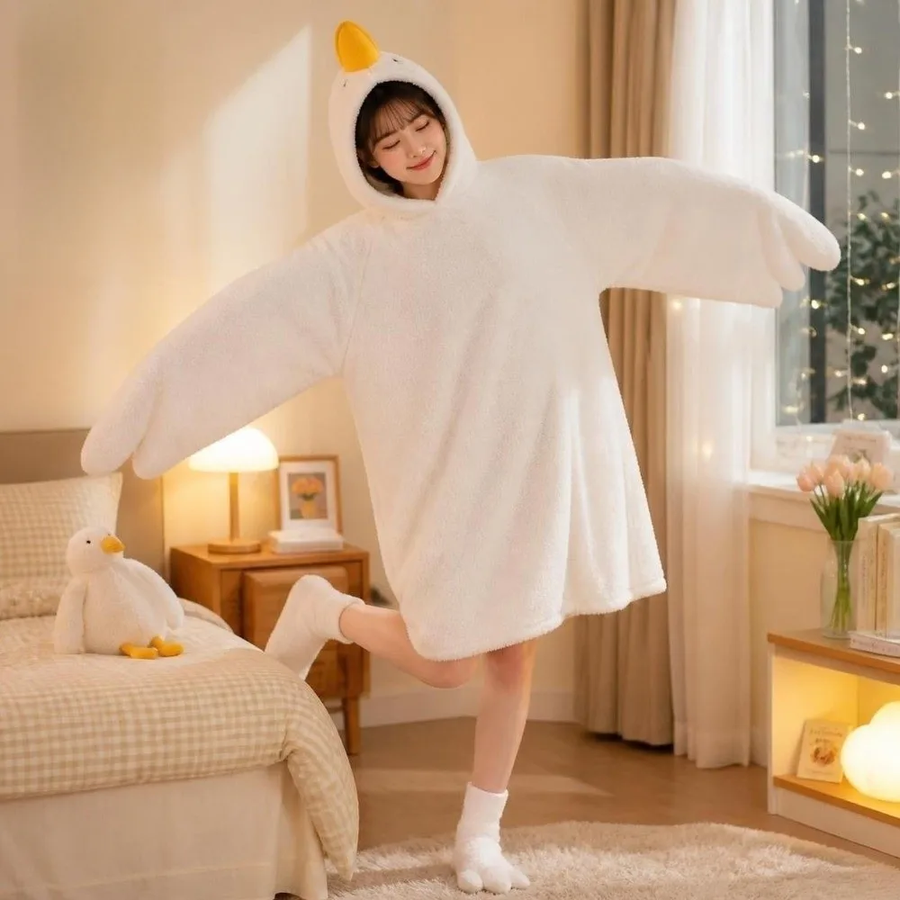 Funny Coral Fleece Hooded Pajama Soft Thicken Couple's Nightgown White Goose Onesie Robe Home Clothes
