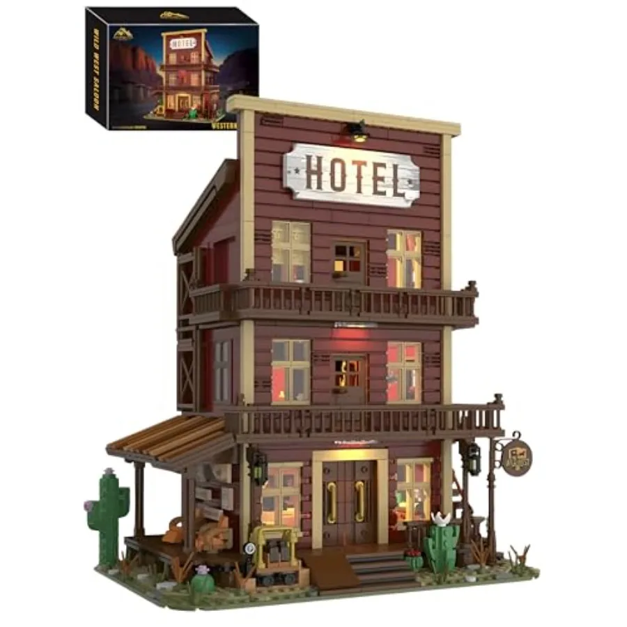 

Western Town Hotel Building Set with Lights: Old West Style 3-Story Display Model Wooden-Look Beige Bricks Modular Architecture