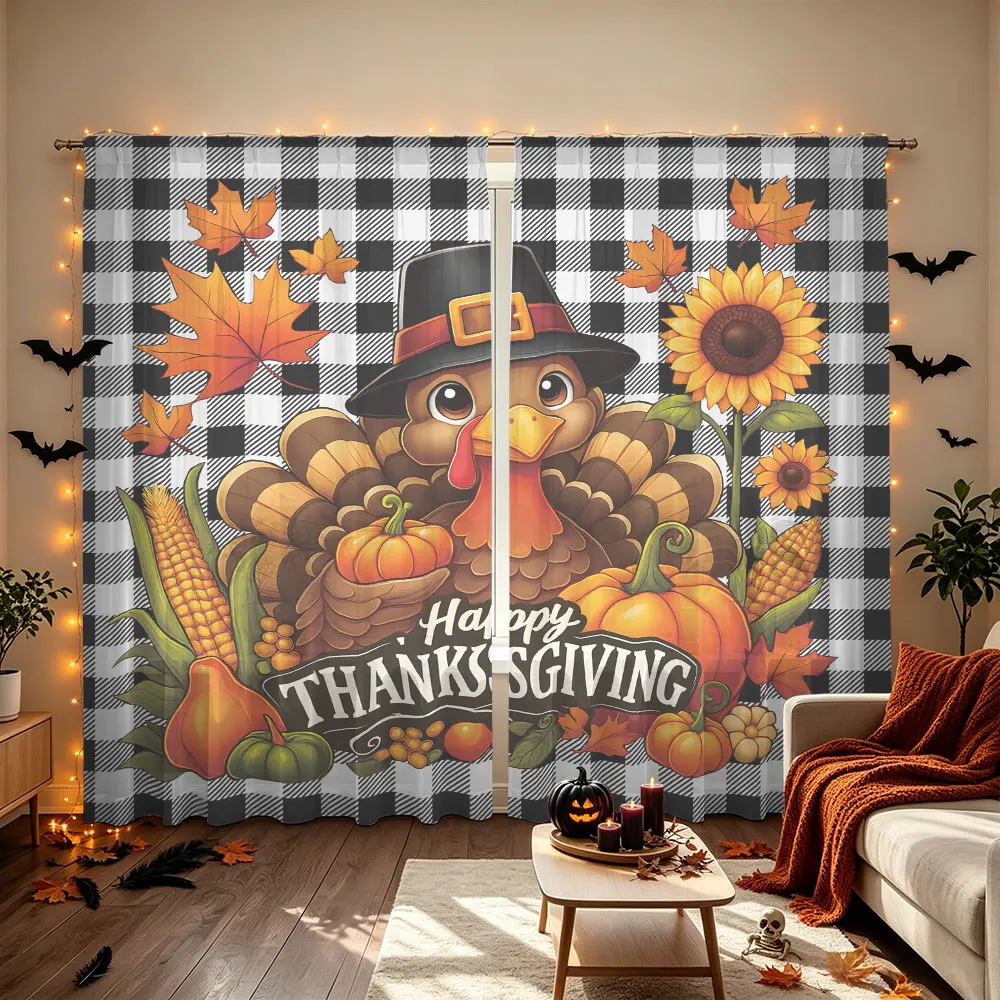 2Pcs Thanksgiving Turkey Pumpkin Maple Leaf Rod Pocket Curtains Double Panel Window Curtain Autumn Harvest Home Decor Living
