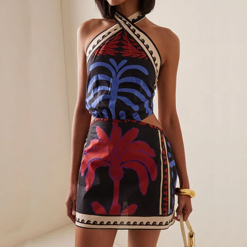 

2025 Female Graphic One Shoulder Nightclub Dress Chic Women Hollow Waist Bag Hip Mini Dress Bow Bandage Slim Halter Short Dress
