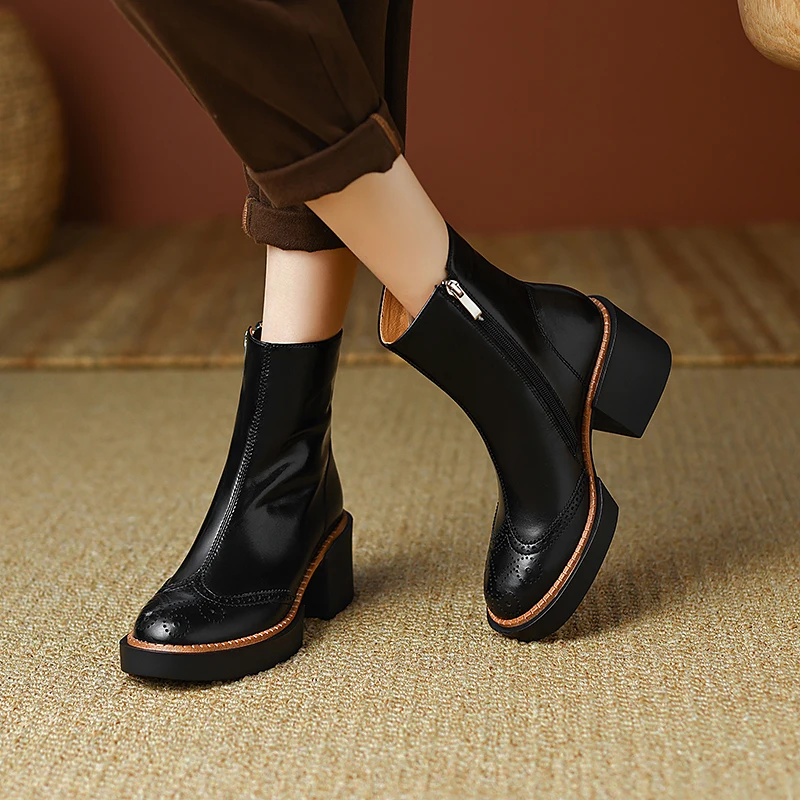 2022 New Retro Mature Female Concise Women Ankle Boots Split Leather Thick Heels Autumn Winter Side Zipper Office Shoes Woman