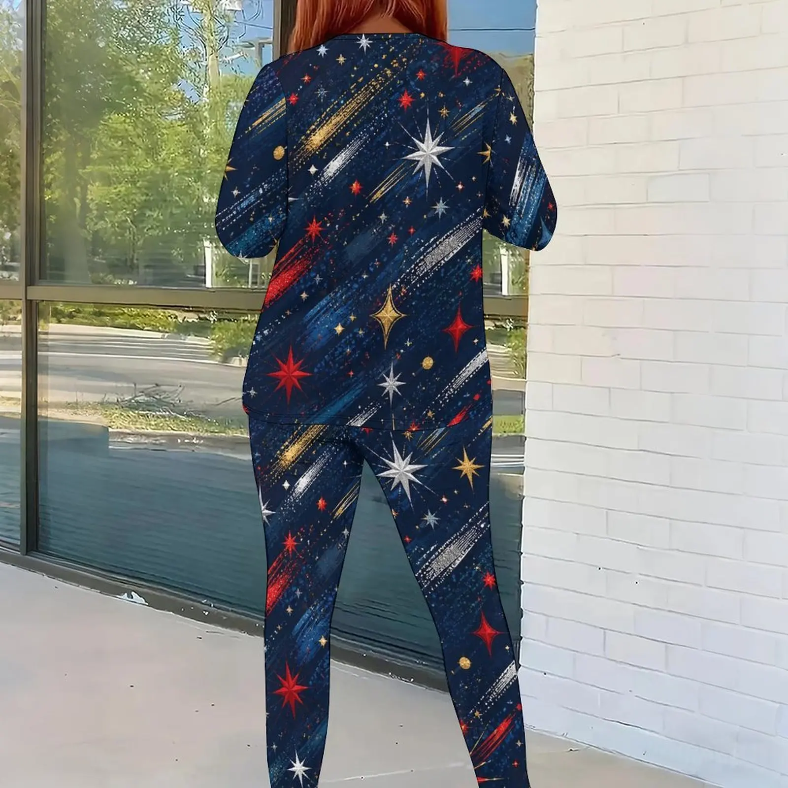 Women Geometric Star Printed Red Navy Off White Round Neck Long Sleeve Top And Fitted Pants Two Piece Set