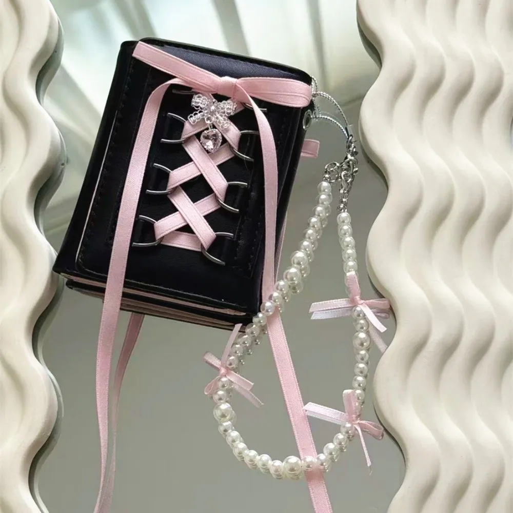 Korean Style Balletcore Three Fold Wallet Heart Crystal Silk Ribbon Bow Cash Purse Bag PU Leather Short