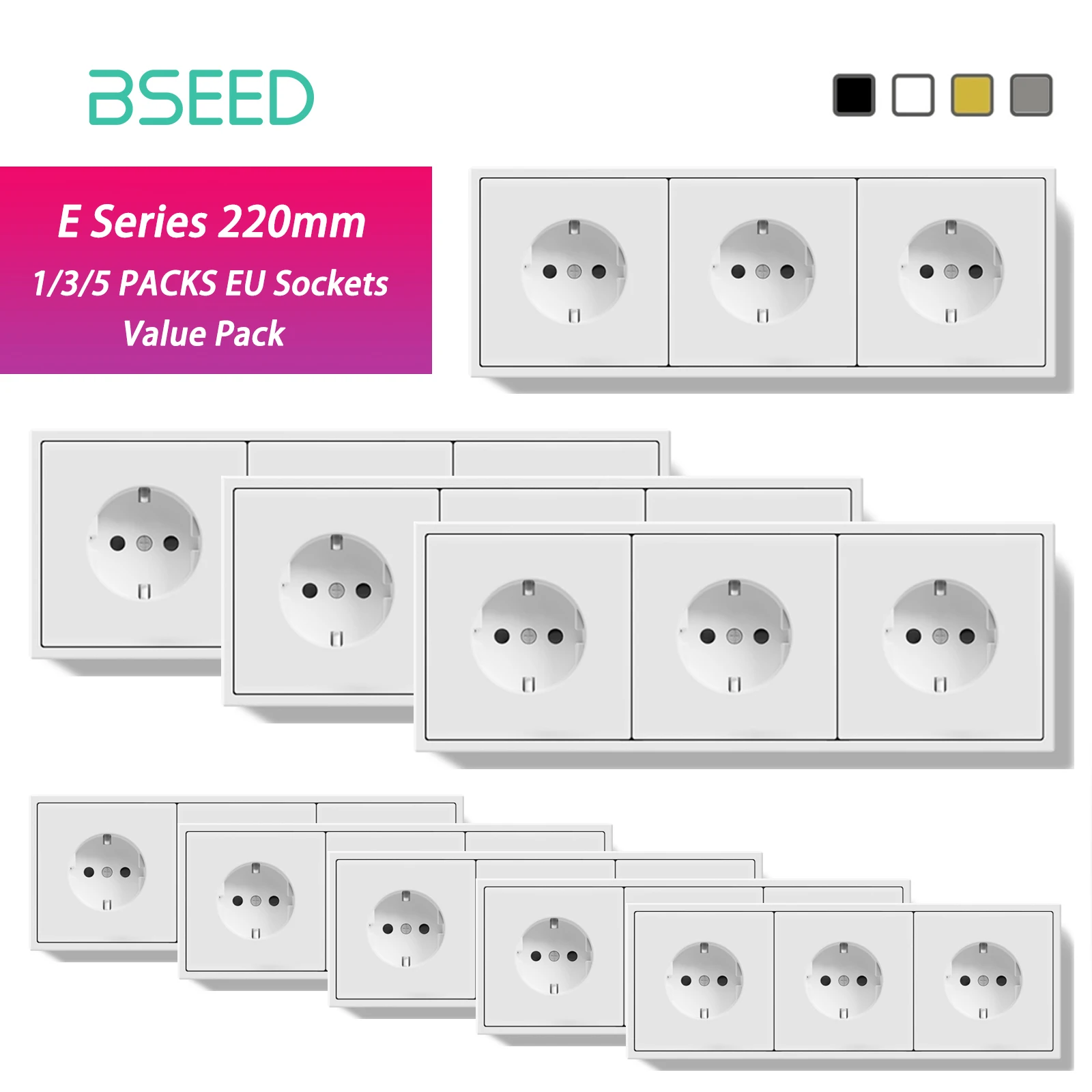 

BSEED EU Standard 1/3/5 Pack Triple Wall Electrical Sockets Power Outlets Value Pack White Black Plastic Frame 16A