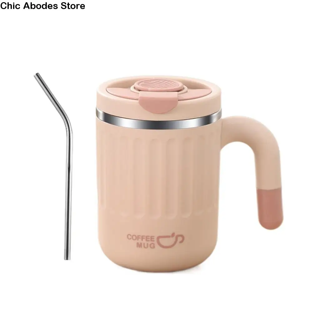 

with Straw Stainless Steel Water Cup Cute Portable Coffee Mug Heat-resistant with Handle Tea Drinking Cup Water
