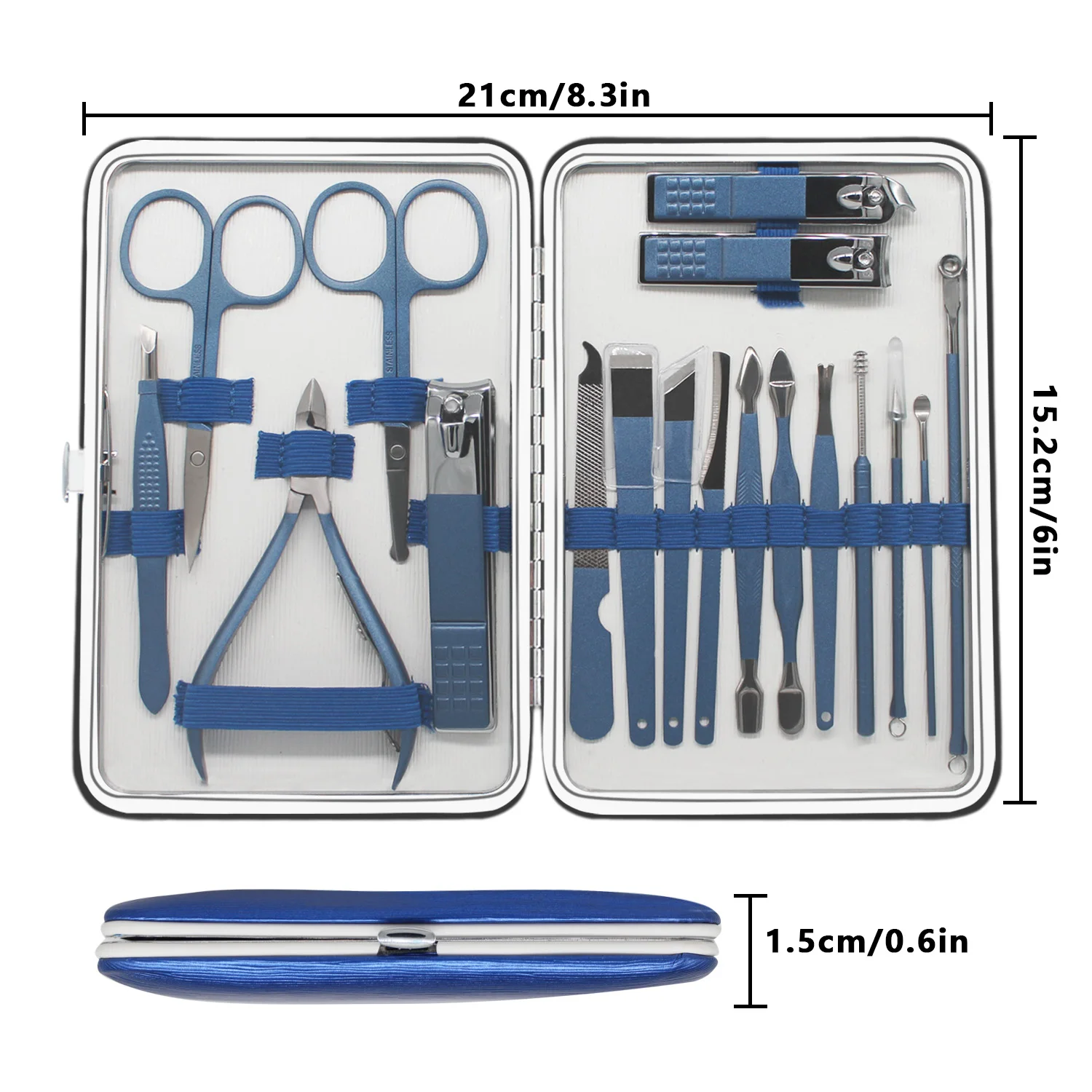 Zestaw do pedicure ze stali nierdzewnej, nożyczki do paznokci, pilniki do paznokci, wykałaczki do uszu, pęsety, nożyczki do włosów w nosie, golarka do brwi, (niebieski)