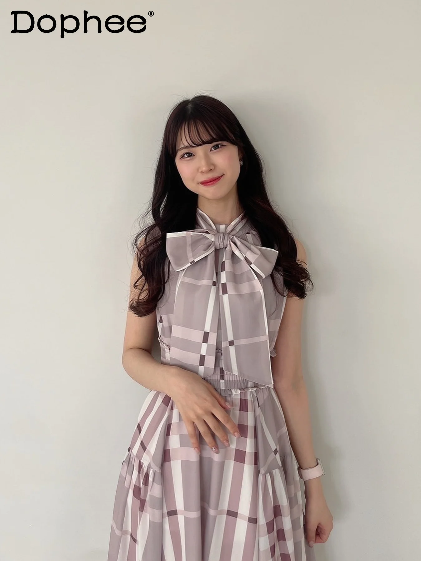 

2026 New Japanese Style Girl Bowknot Plaid Sleeveless Dress Elegant Commuting Casual High Waist Chiffon Dress