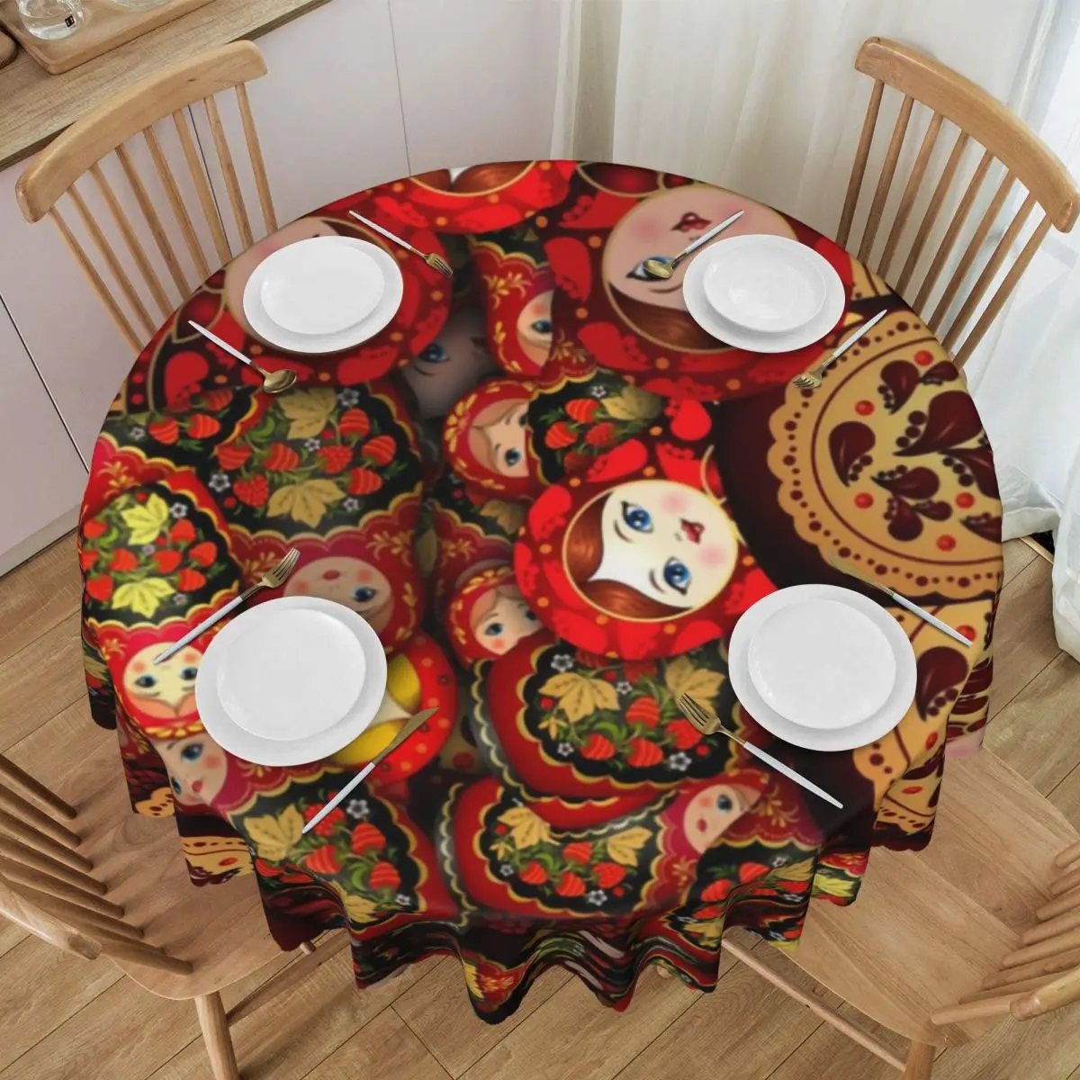 Round Oilproof Russia Matryoshka Doll Table Cover Russian Folk Art Babushka Pattern Tablecloth for Picnic 60 inch Table Cloth