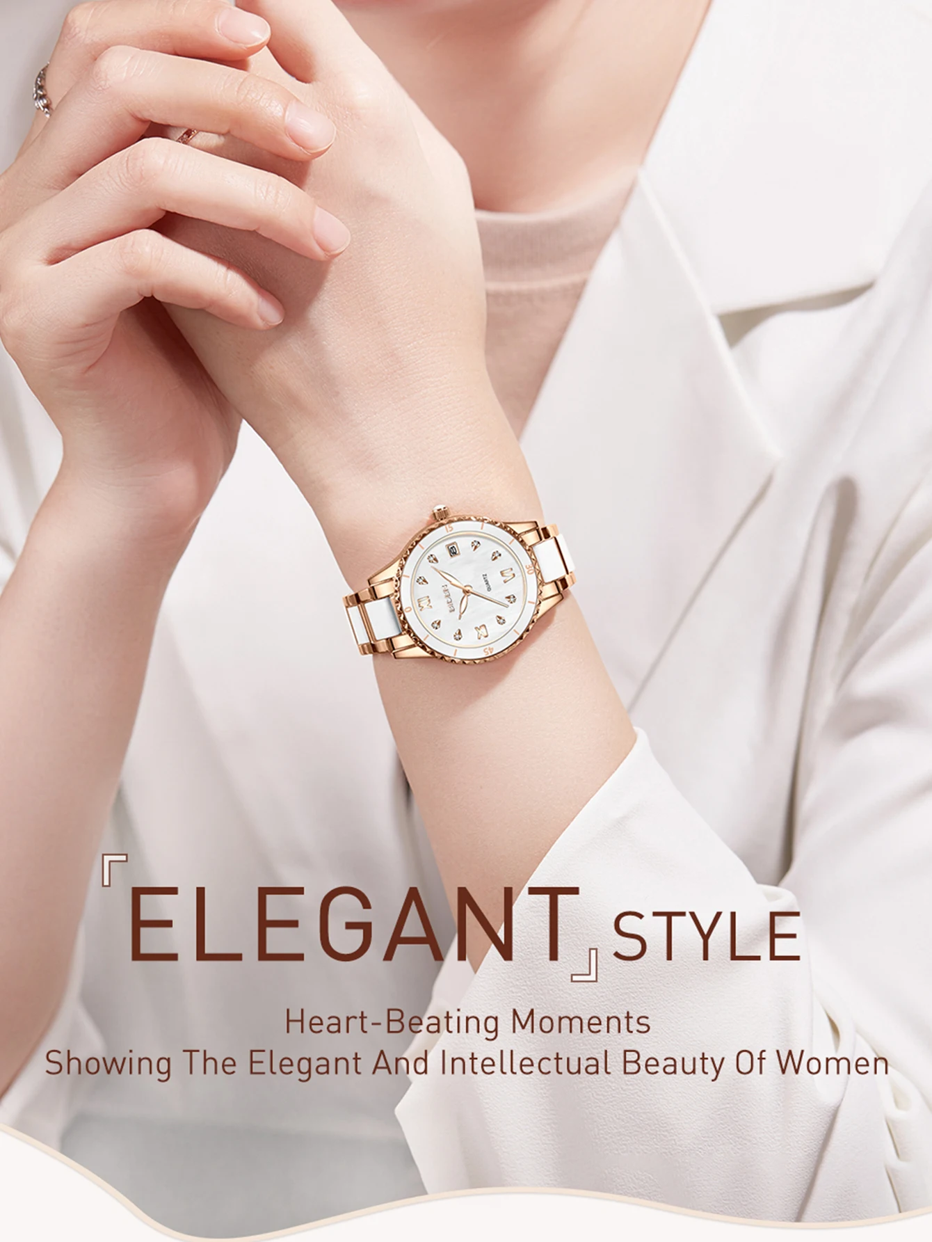 BIDEN Ladies' Watch Anti Ceramic Strap Ladies' Watch Luxury Diamond Inlaid Luminous Pointer Calendar Original Quartz Watch