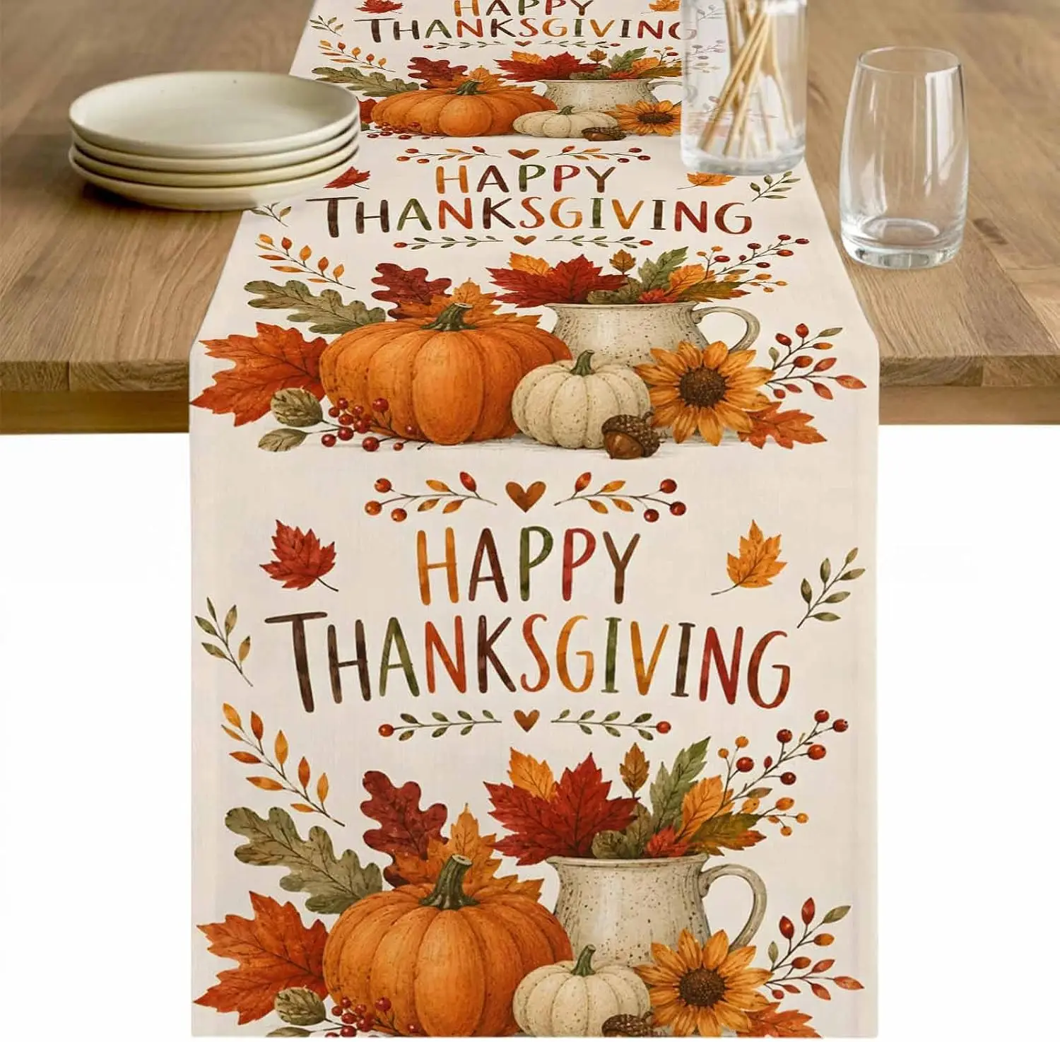 Fall Thanksgiving Pumpkins Maple Leaves Linen Table Runner Party Decor Reusable Kitchen Dining Table Runner Autumn Decorations