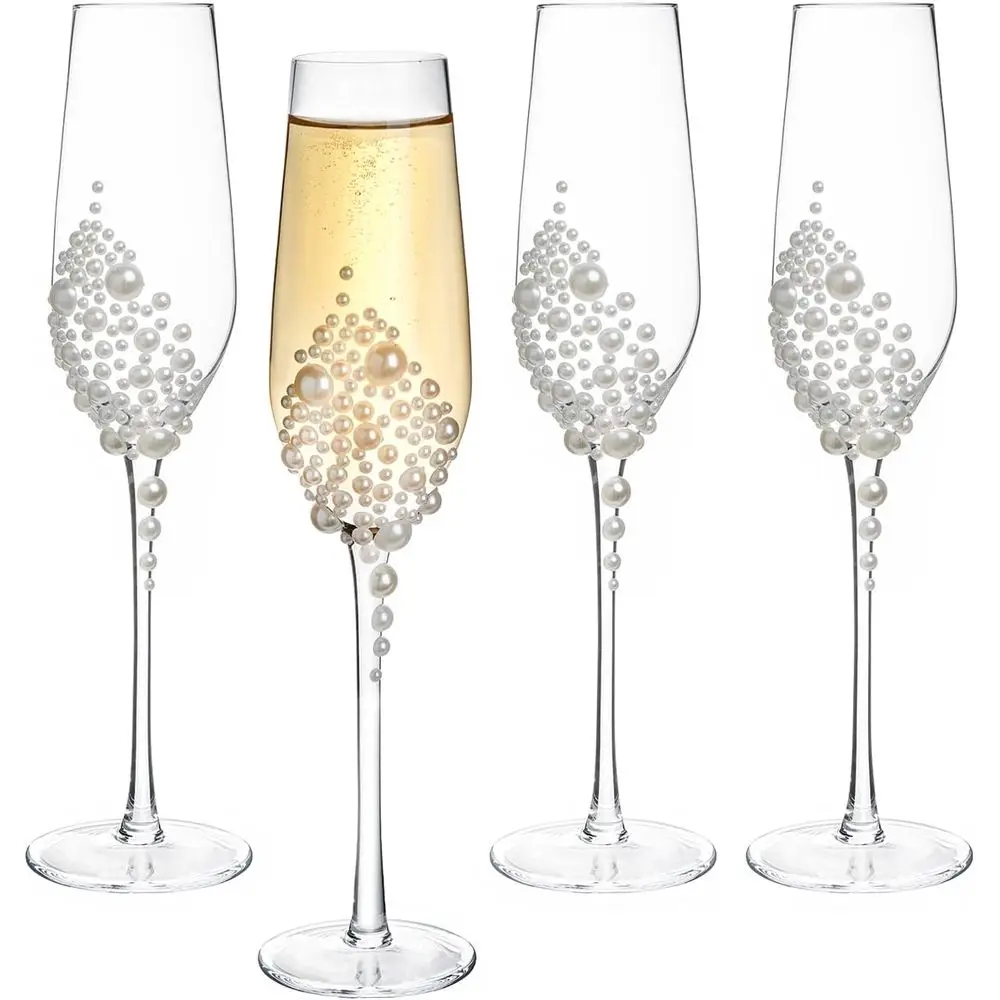 

Бокалы для шампанского 6 унций, прозрачные стеклянные бокалы на ножке с белыми жемчужинами – для свадьбы, девичника и вечеринки в честь невесты.
