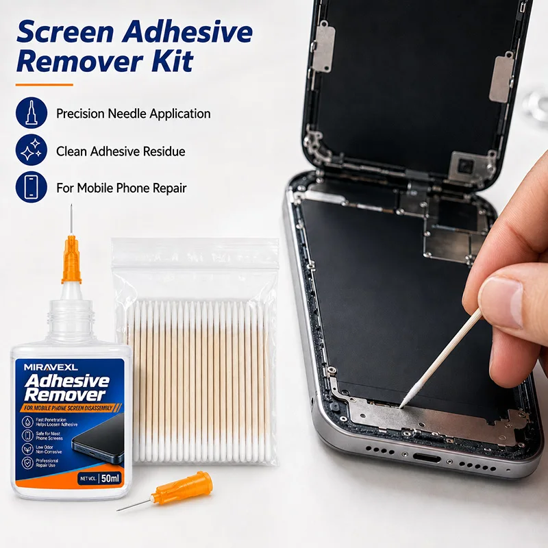 MIRAVEXL Screen Adhesive Remover Set With Needle & Cotton Swabs, Low Odor Safe Cleaner for Mobile Phone Frame Disassembly Repair