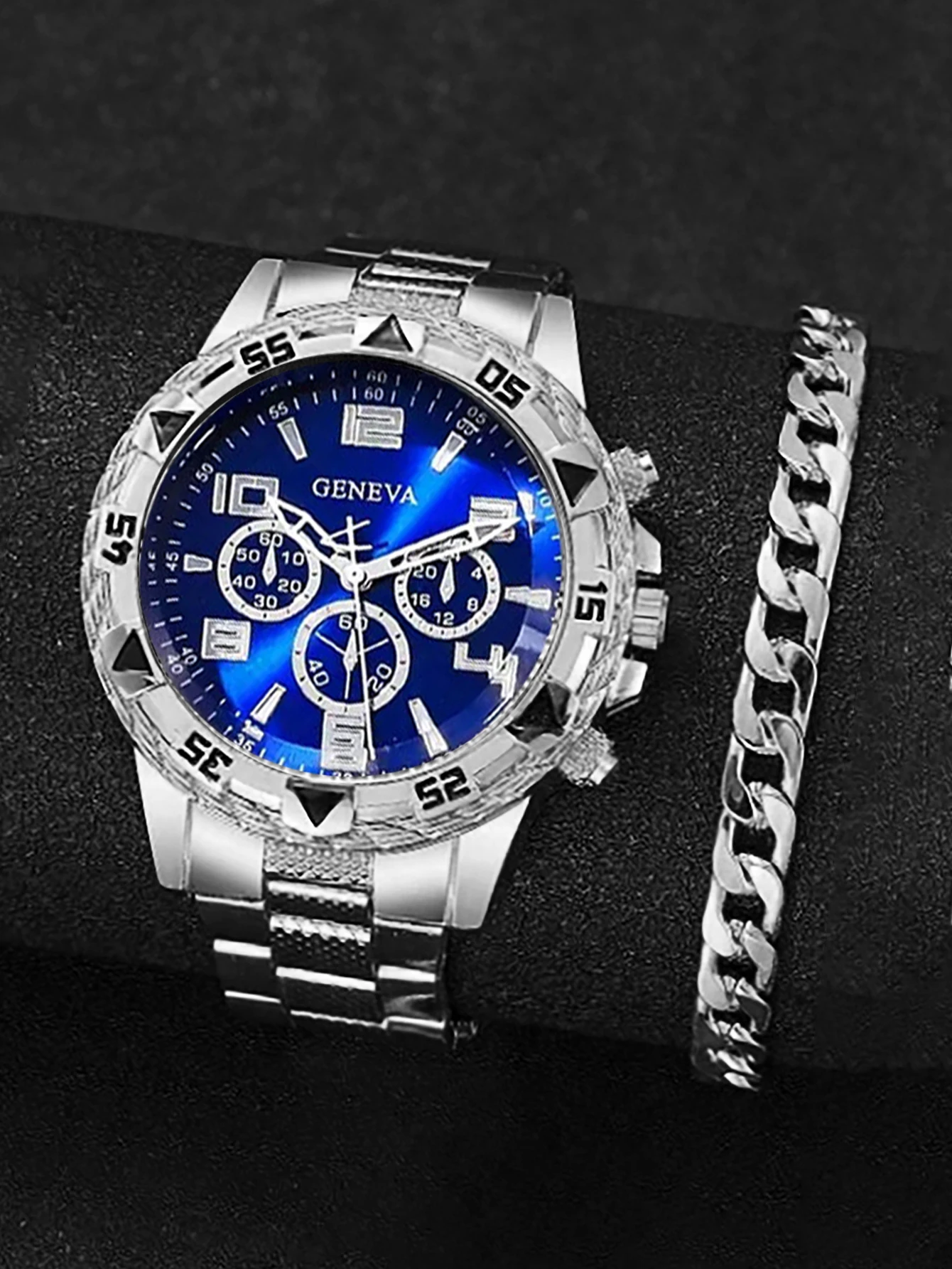 Silver Business Scale Men's Alloy Quartz Watch and Silver White Chain Necklace, Bracelet, Ring Set - Birthday Gift