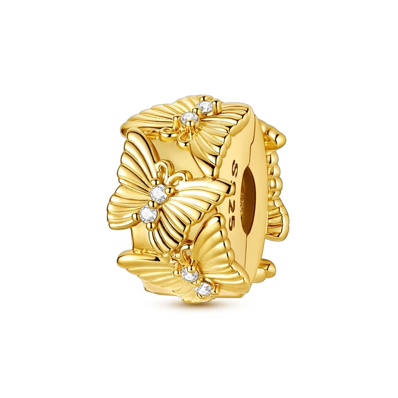 Goldfarbener, funkelnder Zirkon-Schmetterlings-Anhänger mit Clip-Sicherheitskette, passend für original 925er Sterlingsilber-Schmuck – Geschenk