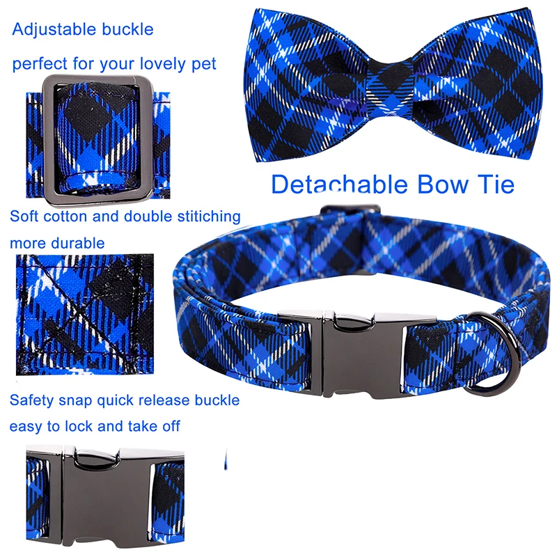 Unique Style Paws Custom Christmas Dog Collar with Bow Blue Plaid Pet Collar Flower Dog Collar Large Medium Small Dog