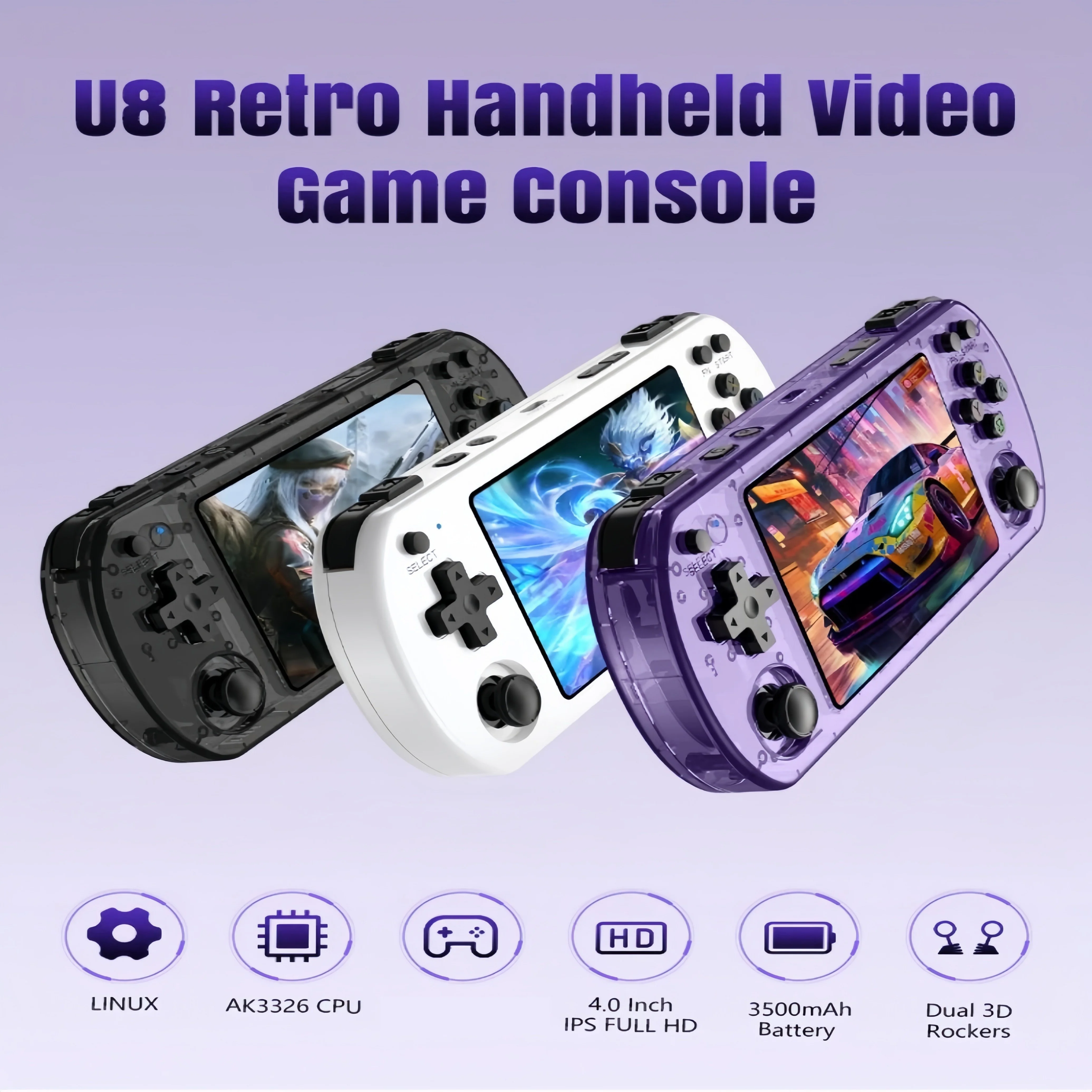 

Retro Handheld Game Console U8 Linux System 4.0 Inch IPS Screen Portable Game Console 64GB 15000+ Classic Games