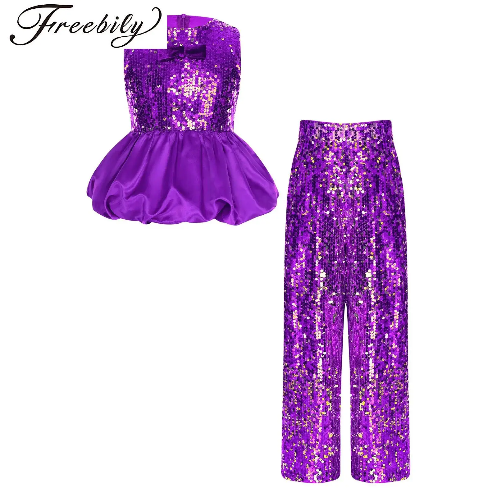 

Girls Shiny Sequin Dance Set Jazz Dance Outfit Sleeveless Puff Peplum Tank Top with Long Pants Birthday Homecoming Proms Costume
