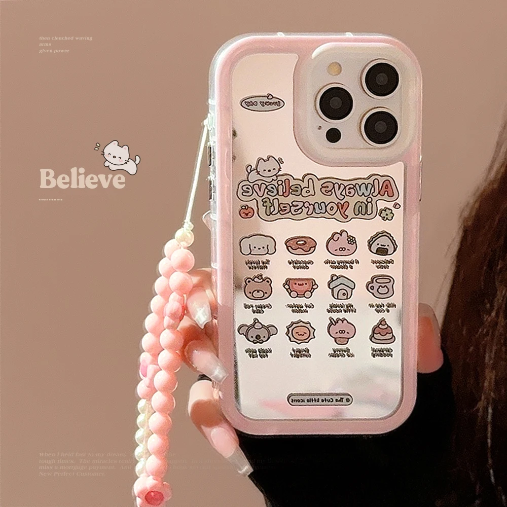 Luxury Mirror surface Animal Dessert Club Phone Case for iPhone 15 14 13 12 11 Pro Max Plus Pink Pearl Chain Bumper Cover