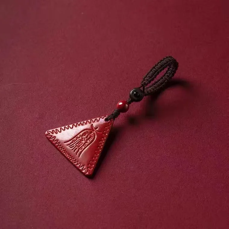 Pure Natural Amitabha Buddha Cinnabar Triangular Pendant Jewelry for Men and Women's Health Protection Safety Amulet Keychain