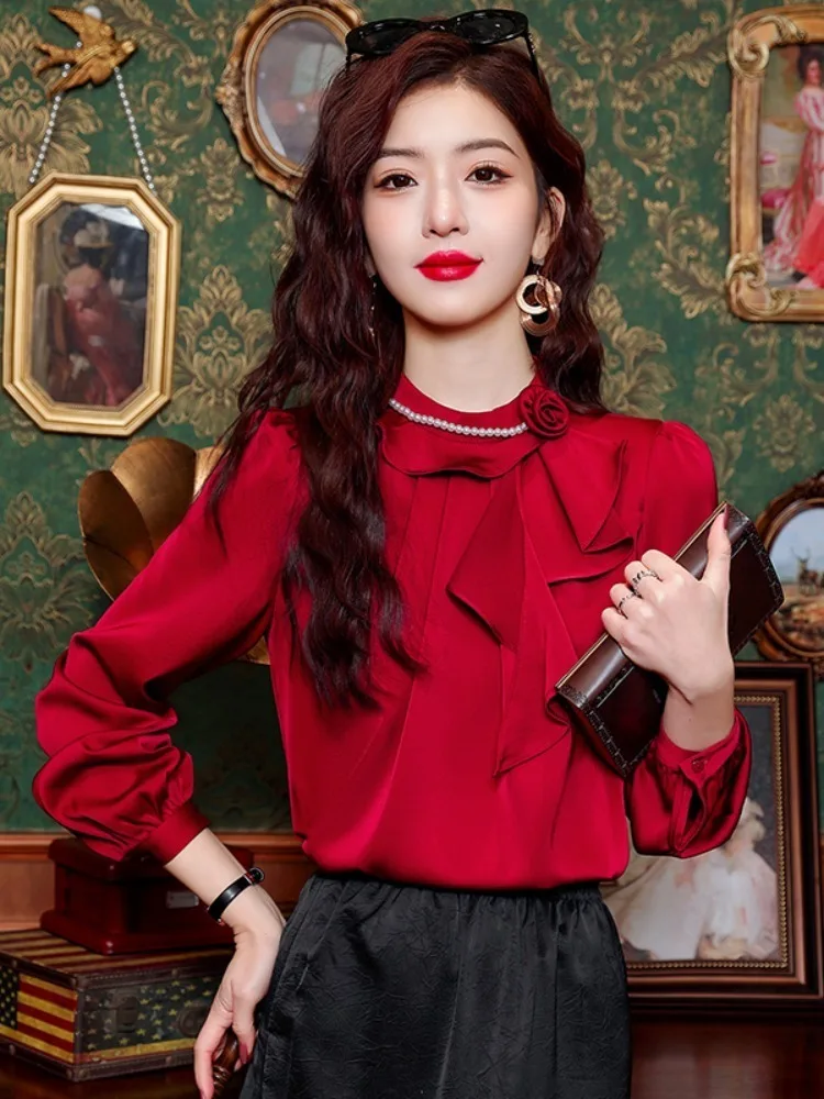 2024 Spring Elegant Red Satin Women Beading Ruffles Blouse Long Sleeve Fashion Korean Office Ladies Work Shirt Basic Female Tops