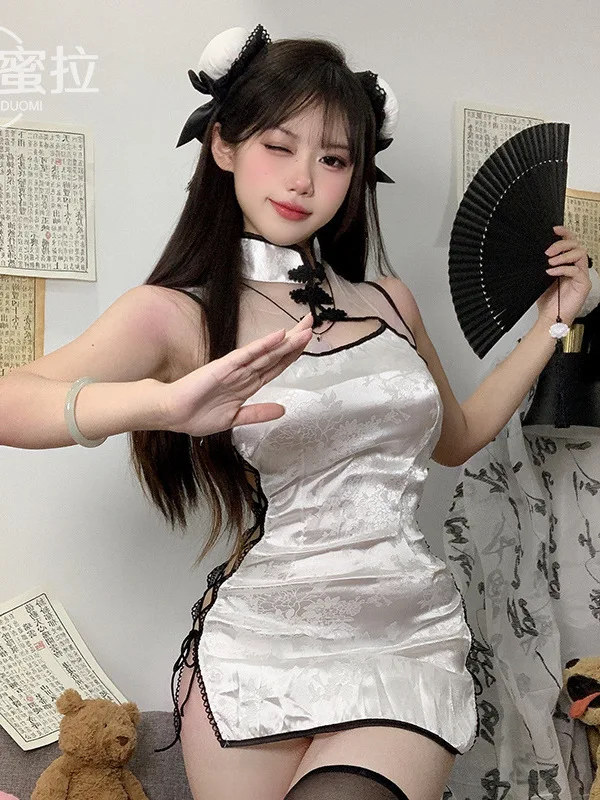 Mini abito Cheongsam sexy Maglia di pizzo trasparente Biancheria intima affascinante Uniforme Trasparente Sottile Cinghie laterali Abito Top eleganti HE1O