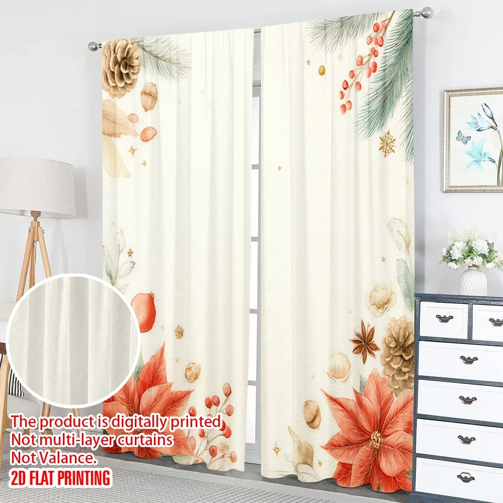 2 قطعة 2D الطباعة المسطحة عيد ميلاد سعيد الستائر عيد الميلاد البونسيتة ستار اليانسون كوز الصنوبر الرقمية المطبوعة البوليستر الستائر الطرف #5