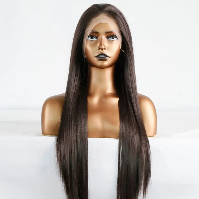 Straight Synthetic Lace Front Wig Dark Brown Color Heat Resistant Fiber Natural Hairline Free Parting For African American Wigs