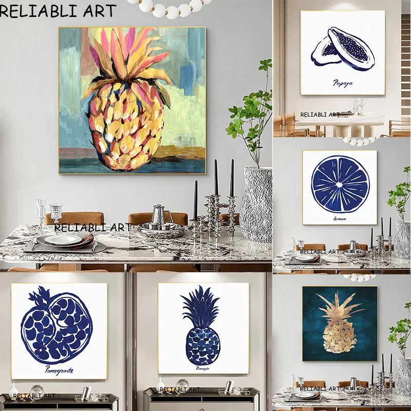 Golden Bule Pineapple Lemon Fruit Poster and Prints Square Canvas Painting Wall Art for kitchen Living Room Home Decor No Frame