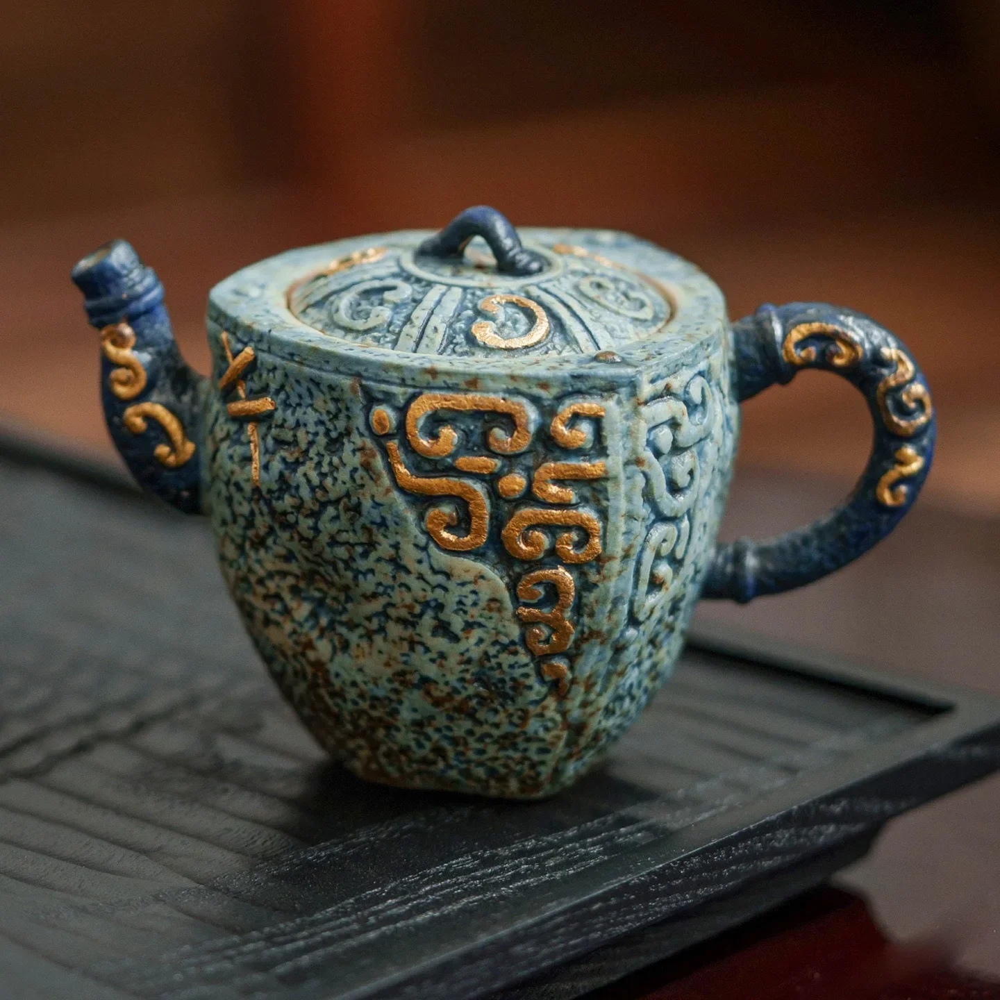 110ML Gray-blue Flint Red Sprinkled Gold Relief Teapot Ceramic Tea Making Utensils Small Teapot for One Person Office Decoration