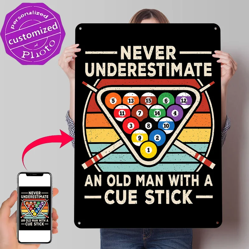 Never Underestimate an Old Man Pool Game Poster Retro 3D Printed Metal Signs Customized Wall Hanging Gift for Decor Luxury House