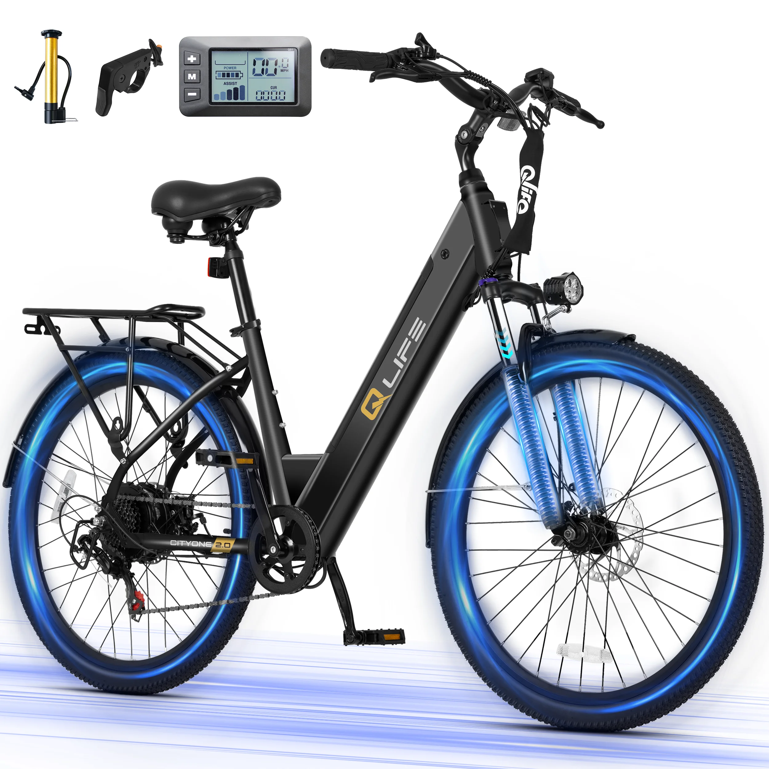 Qlife Cityone ST 2.0  26" Electric Bike for Adults, 1200W Peak Motor 48V 10.4Ah Battery, 28MPH 55 Miles, 7-Speed Electric Bicycle with Front Suspension image 4