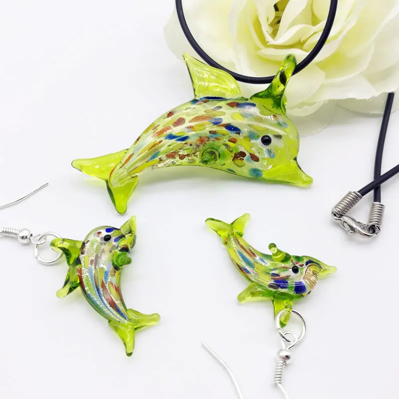 1Set Fashion Blue dolphin Shape Lampwork Pendant Necklace Earrings For Women Red Glass Murano Floral Cheap Items Jewelry Set