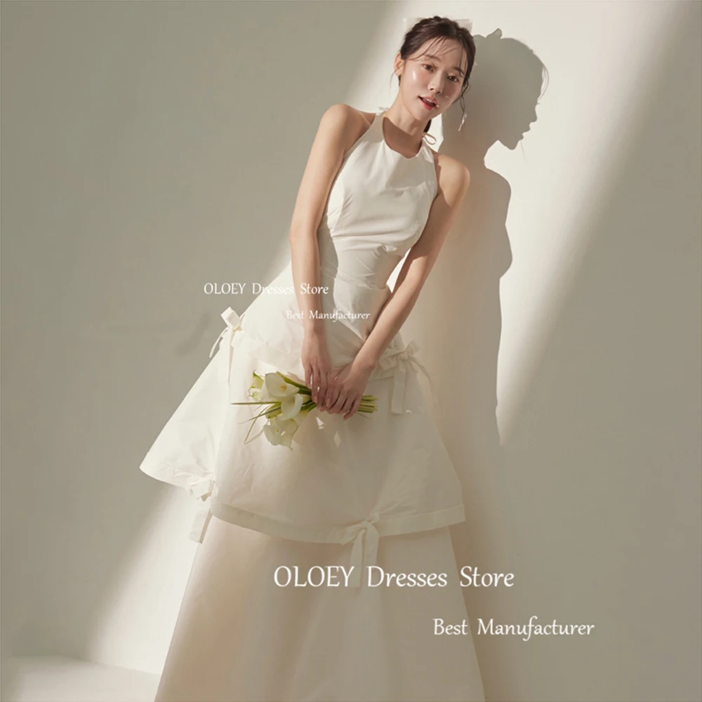 

OLOEY Simple Korea Wedding Dresses Photo Shoot Satin O Neck Bows Tiered Bridal Gowns Corset Floor Length Sleeveless Customized