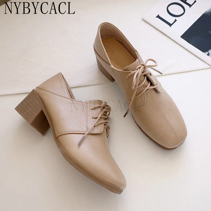 Women 2022 New Casual British Style Single Shoes Female Mid Thick Heel Lace Up Solid Small Shoes College Style Retro Work Shoes