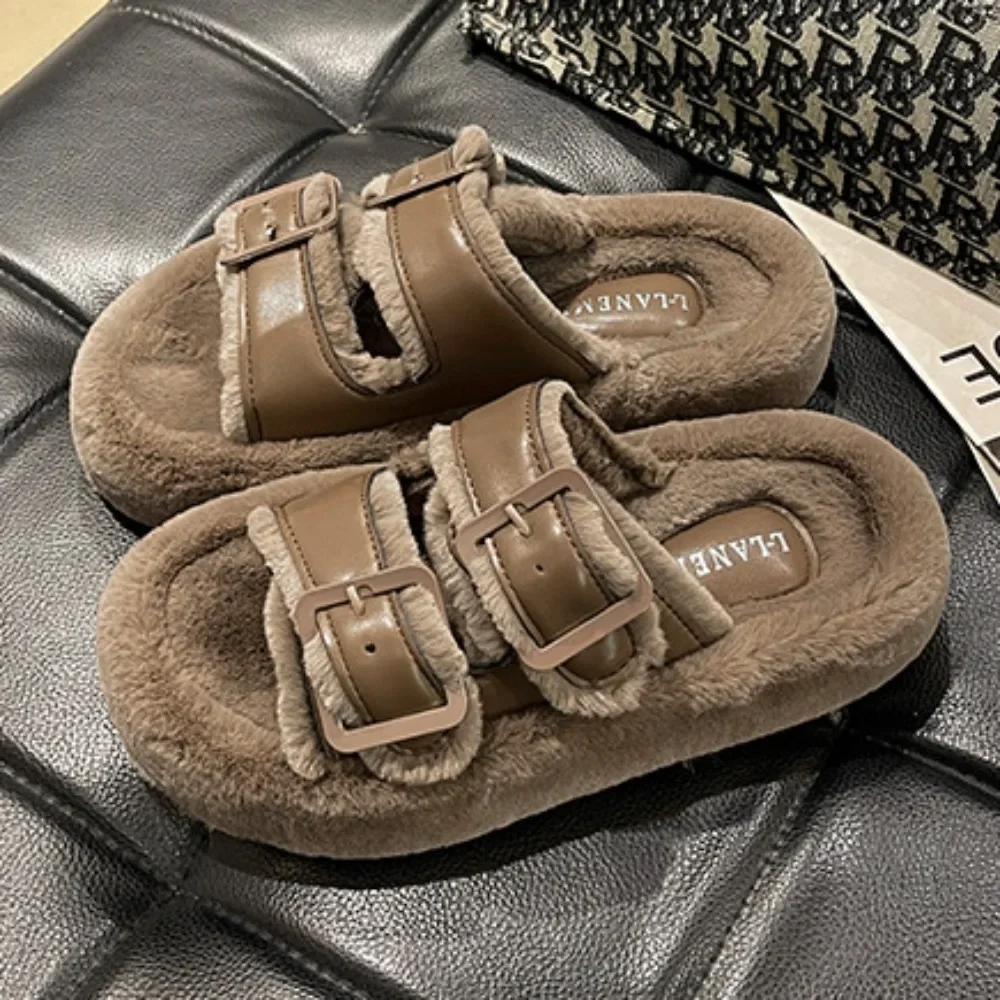 

Thick Soled Hairy Slippers Women's Outdoor Wear New Autumn and Winter Fashion Leather Buckle Plush Cotton Slippers Women Shoes