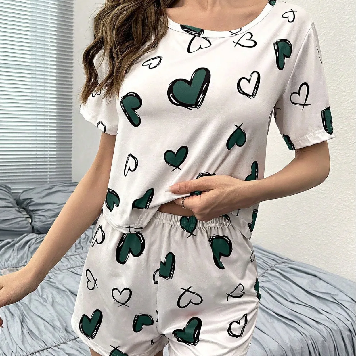 Ladies Heart Print Pajama Set - Breathable Short Sleeve Shirt Shorts Casual All Match Home Wear