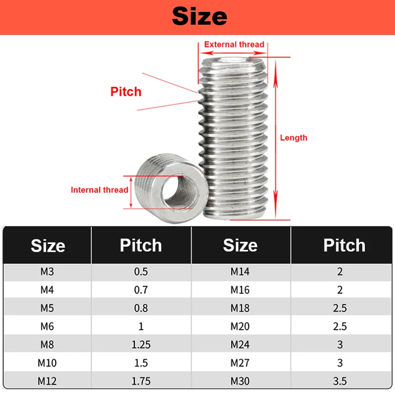 304 stainless steel inner and outer teeth nut thread conversion braces extended screw cap metal M2 M2.5 M3 M4 M6 M8M10M12M16 M20