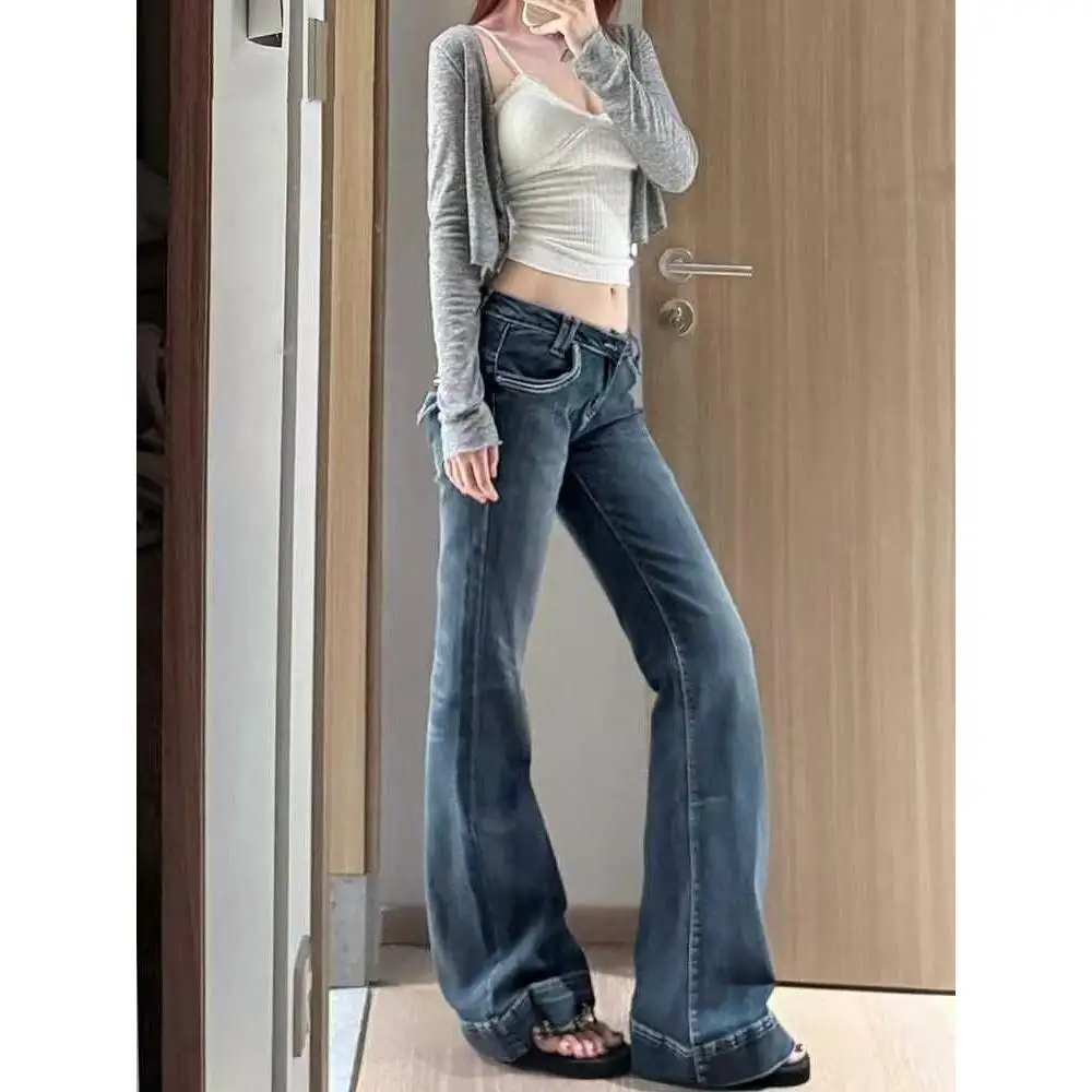 Été nouveau Sle rétro taille basse bleu jean femmes minceur ajusté Flare pantalons longs épicé fille haute rue bleu profond Denim