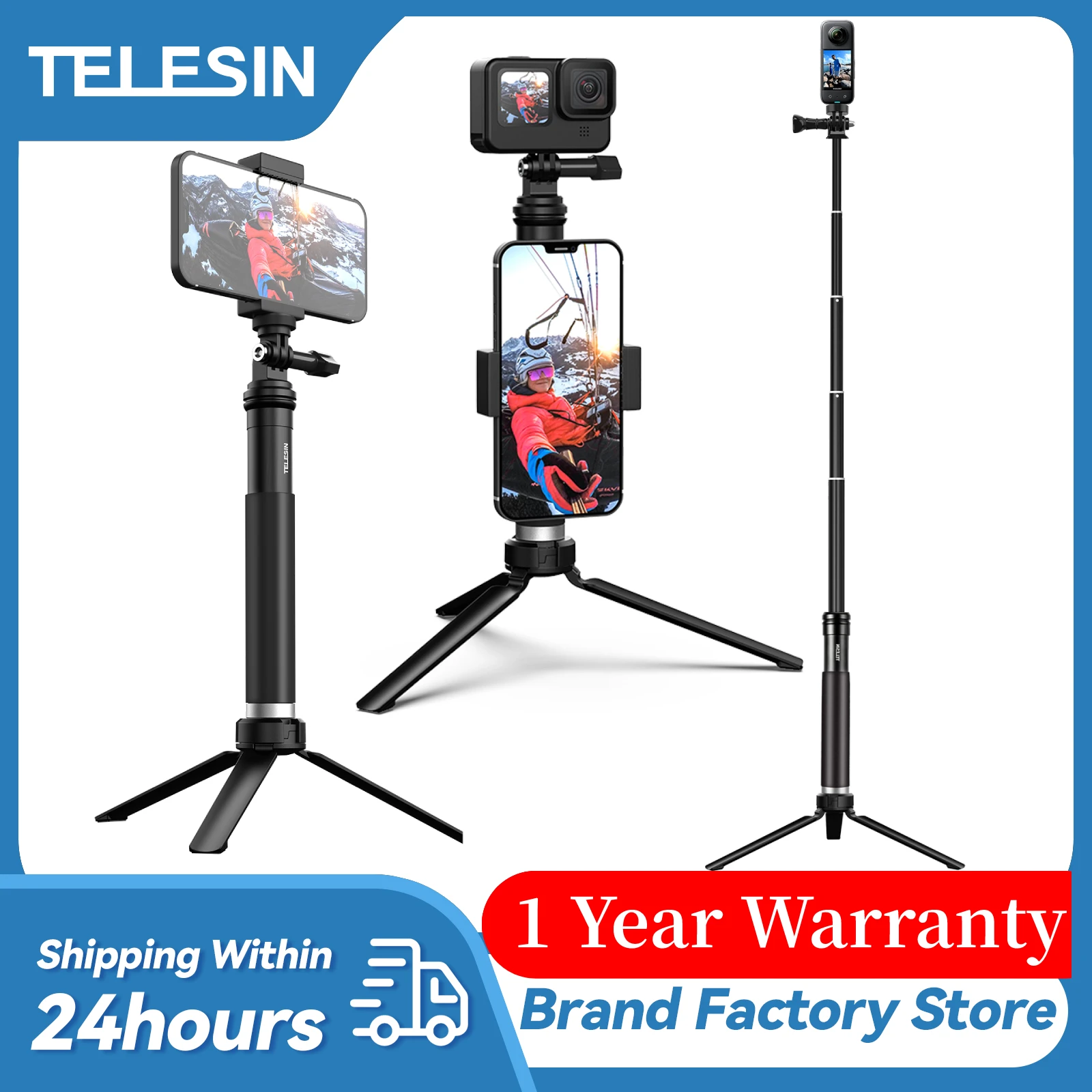 TELESIN 90cm Selfie Stick with Aluminum Alloy Tripod for Gopro Hero 12 11 10 9 8 7 5 DJI Osmo Action 3 Action Camera Smart Phone