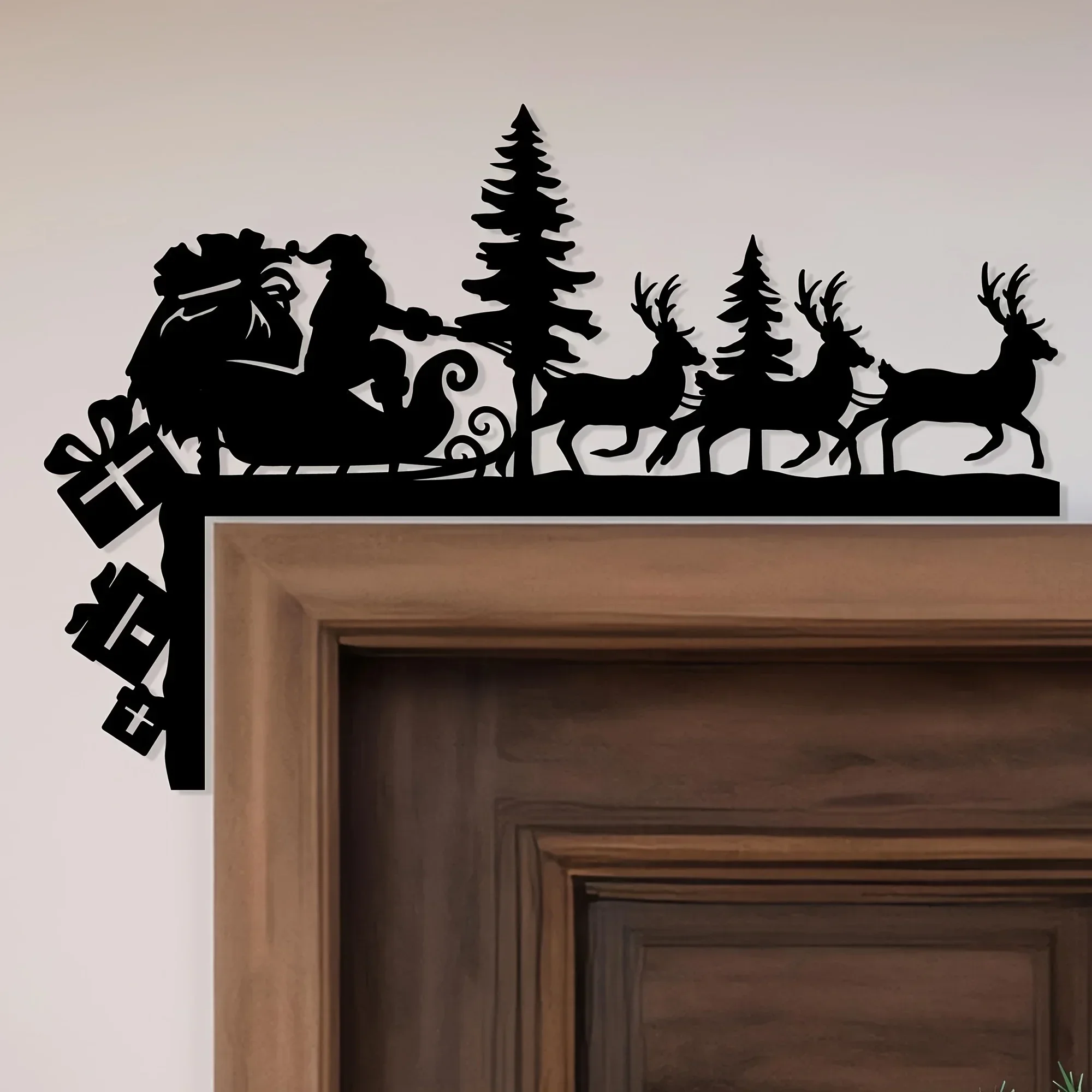 2D Flat Surface, 1pc Acrylic Christmas Door Corner Decoration- Santa Claus and Reindeer Silhouette Art, No Electricity Needed