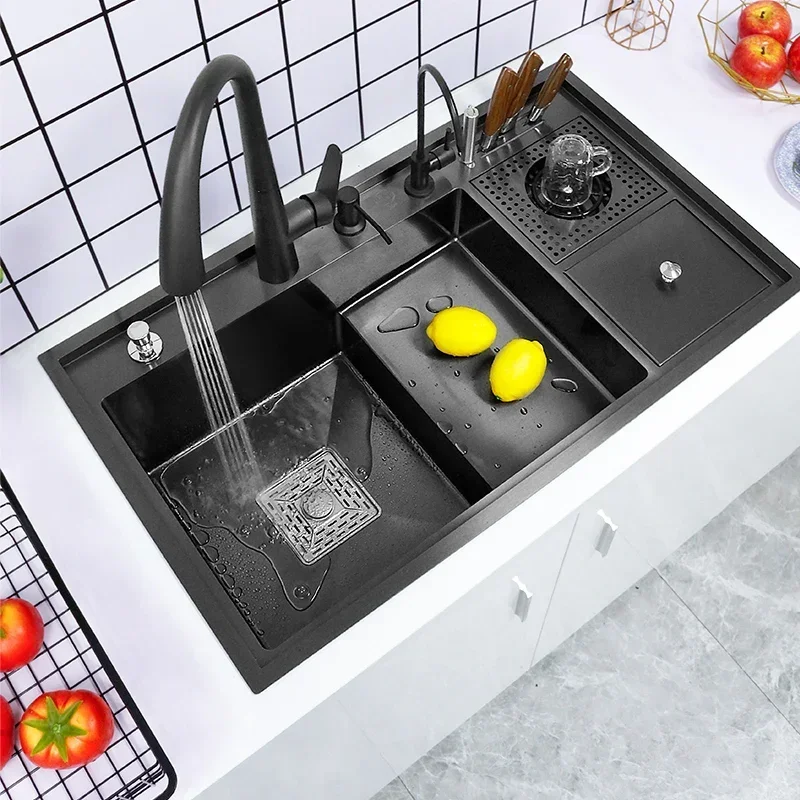 New Multifunctional with Glass Rinser Waterfall Stepped Stainless Steel Nano Single Bowl Kitchen Sink