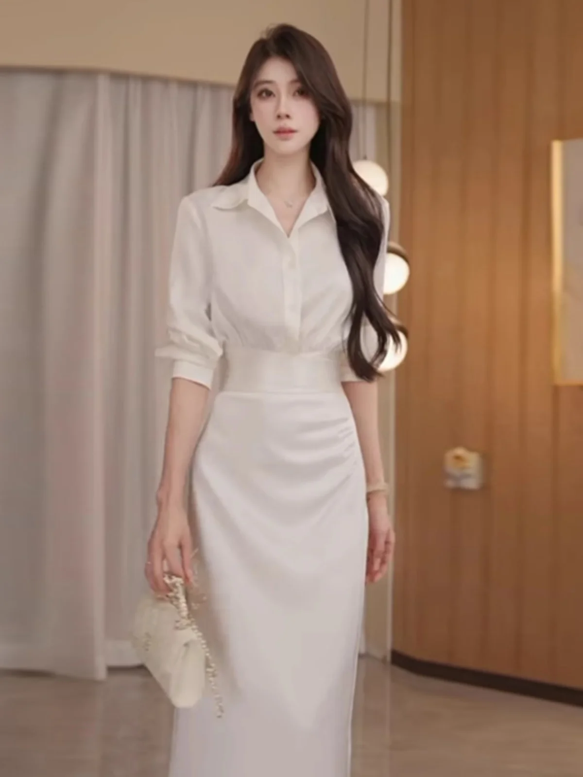 

Fashionable Simple Style Women's Suit Waist-Cinching Collared Shirt Half-length Skirt Two-piece Set Spring 2025 New Arrival