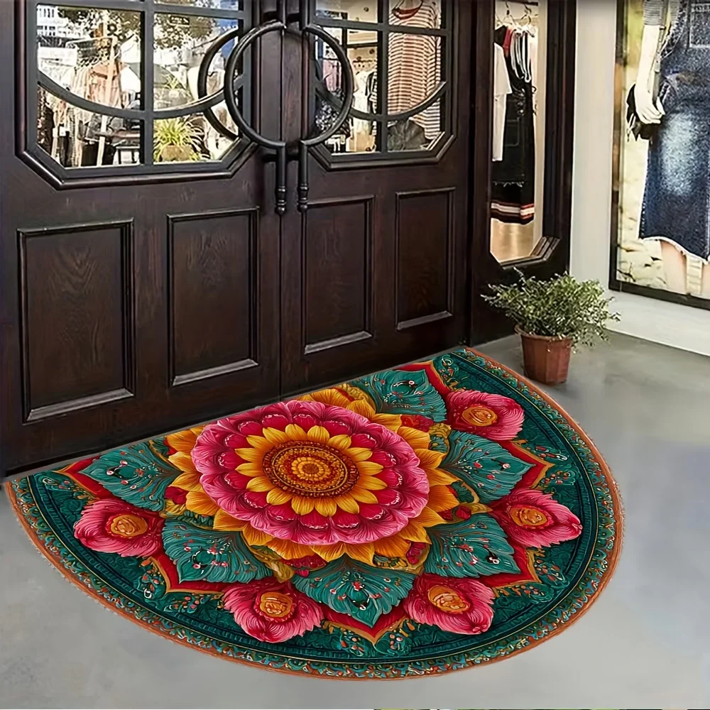 Luxury Colorful Mandala Semi Circle Doormat Vintage Bohemian Lotus Flower Rug Elegant Welcome Floor Mat For Entrance Home