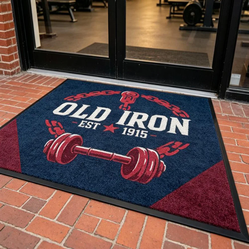 Rug gym custom logo print waterproof stain proof floor mat durable fitness club entry rug for sports commercial decor
